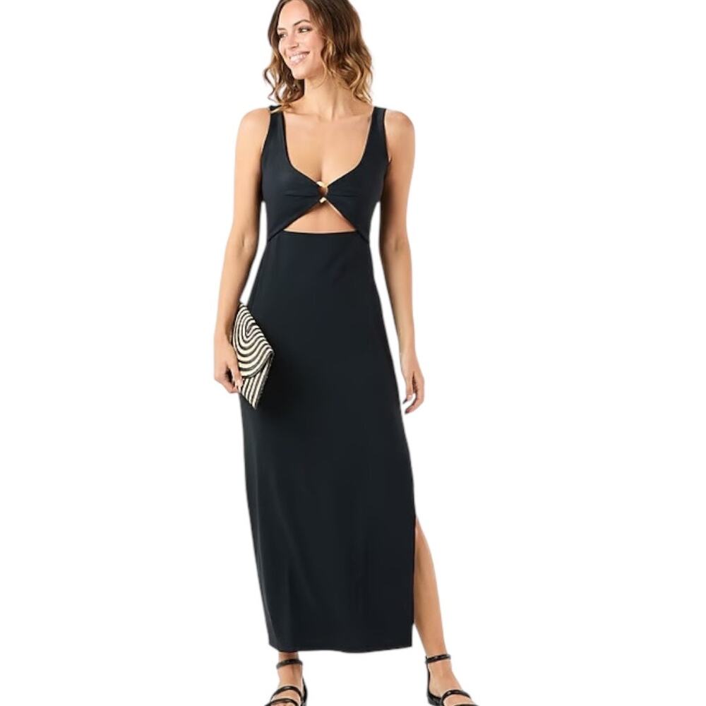 Tiare Hawaii Amore Maxi Dress XS/S Black Ribbed Cutout Bodycon Heart Chic LBD